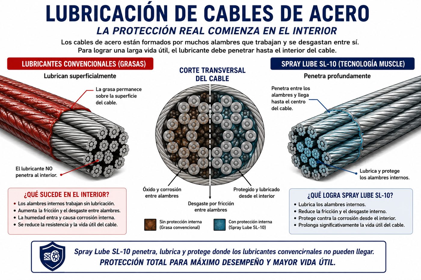 Corte transversal de un cable de acero: protección interna con Spray Lube SL-10 frente a un lubricante convencional